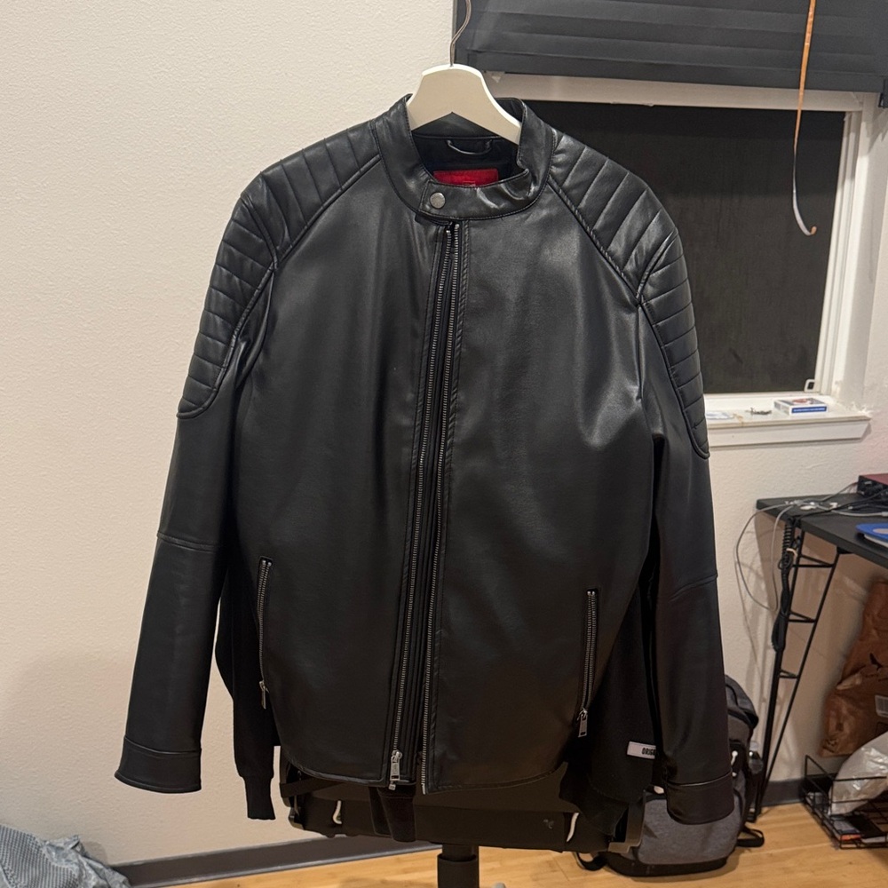 Guess Black Leather Bomber Jacket